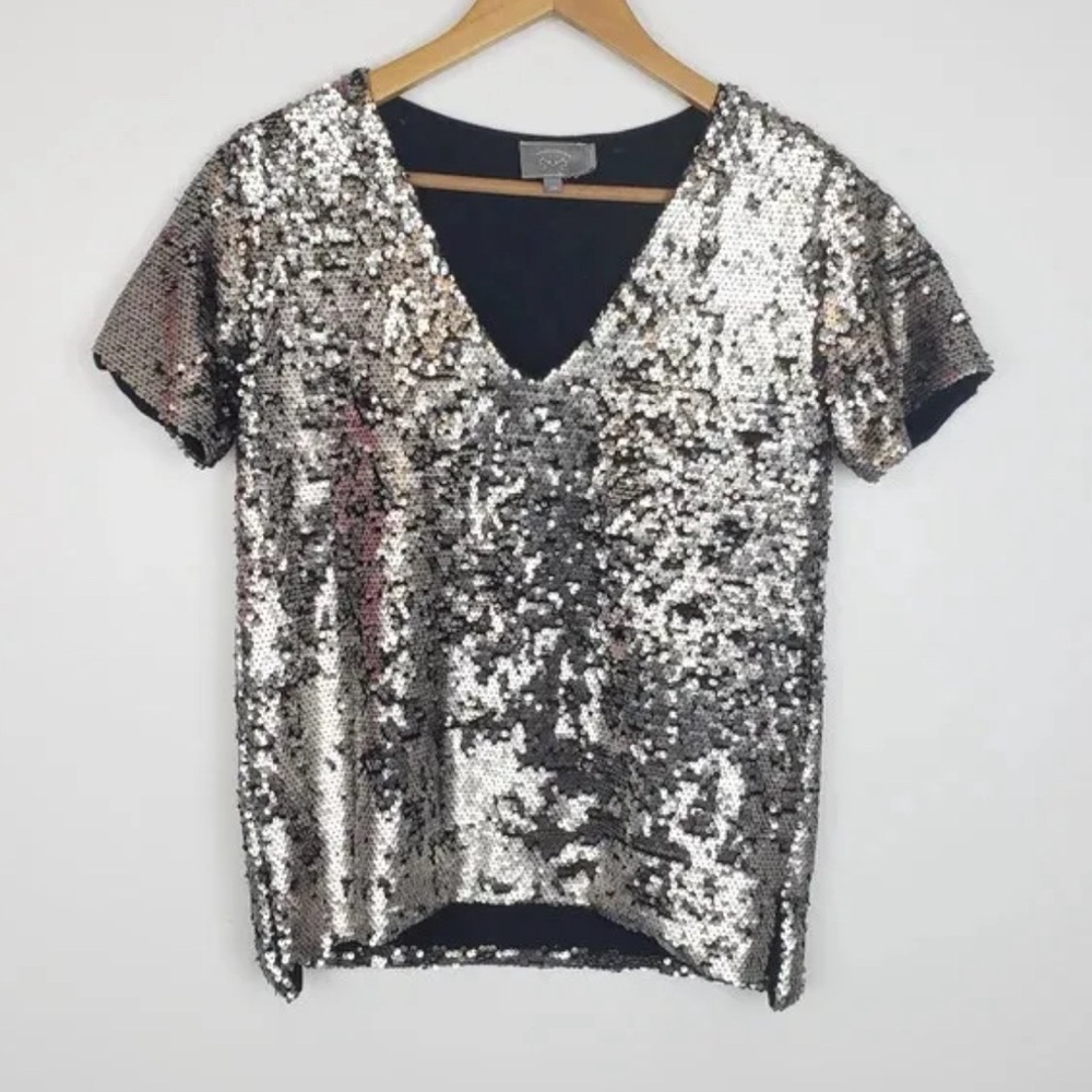 Anthropologie Silver Sequin V Neck Blouse size Medium by Vanessa Virginia